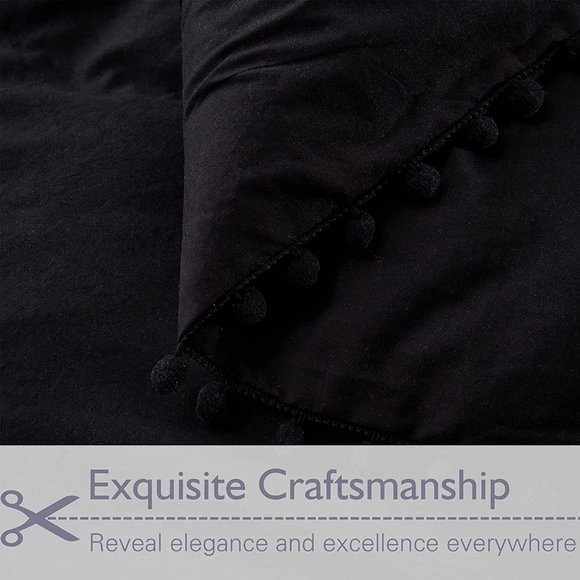 UO 3 Pieces Queen Black Pom Pom Fringe Duvet Cover - Picture 3 of 8